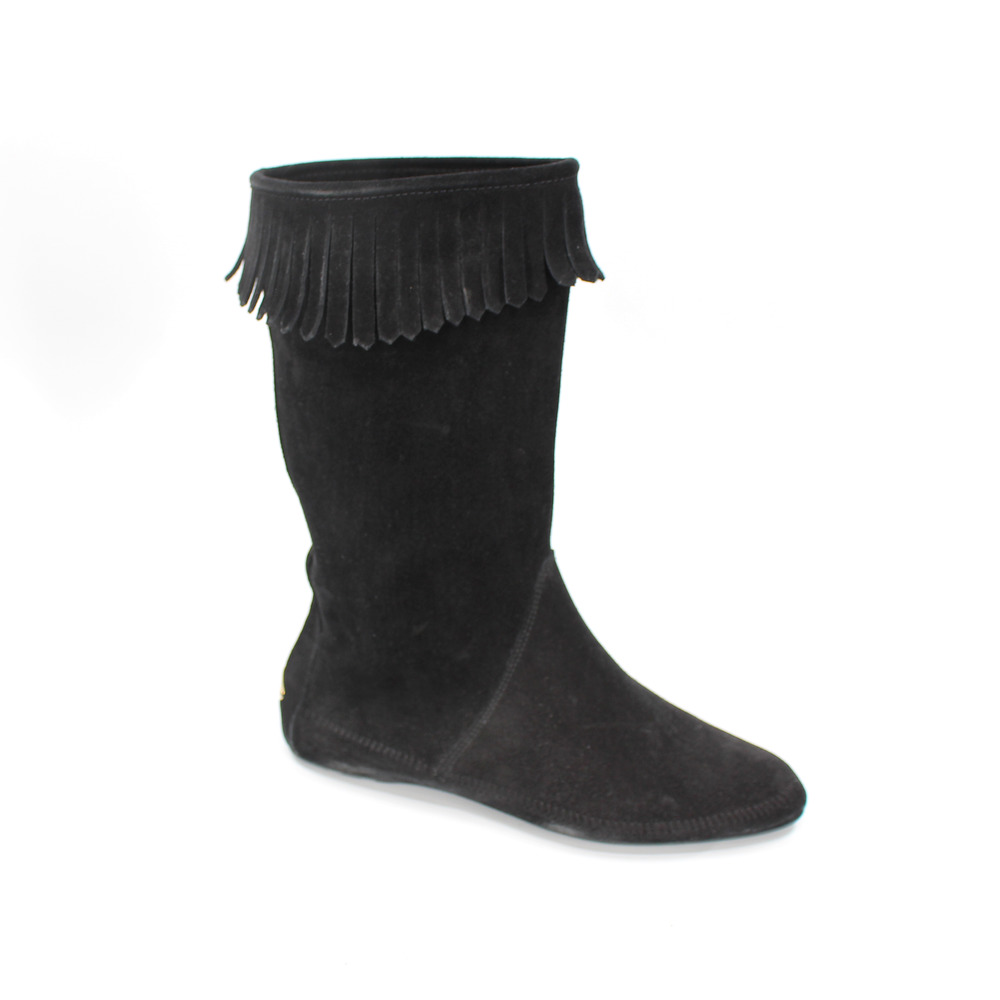 Jimmy Choo Wave Black Suede Fringe Trim Mid-Calf Moccasin Boots 37.5 Round Flats